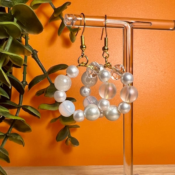 Faux Pearl And Clear Bead Hanging Hoop Earrings