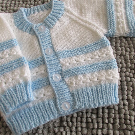 14" White & Blue Newborn Boys Round Neck Cardigan 