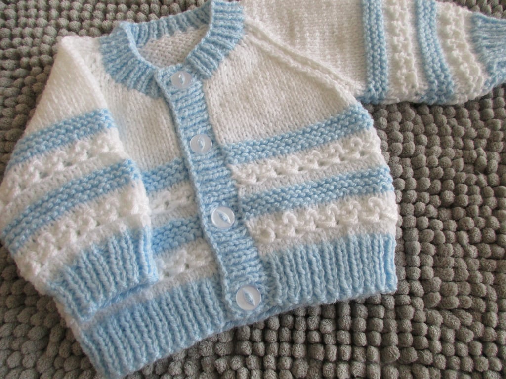 14" White & Blue Newborn Boys Round Neck Cardigan 