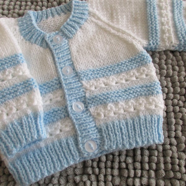 14" White & Blue Newborn Boys Round Neck Cardigan 