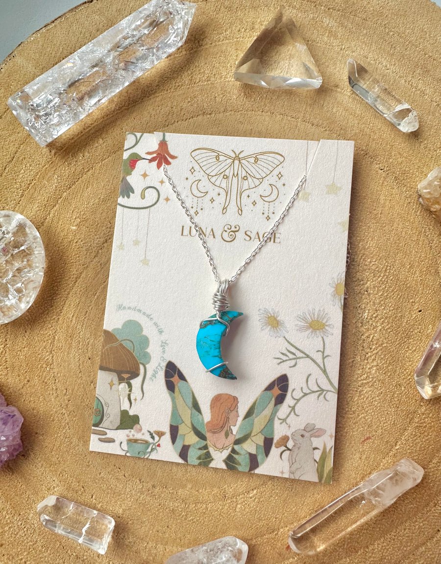 Turquoise Moon Crystal Necklace,Sterling Silver, Turquoise Copper,Moon lover