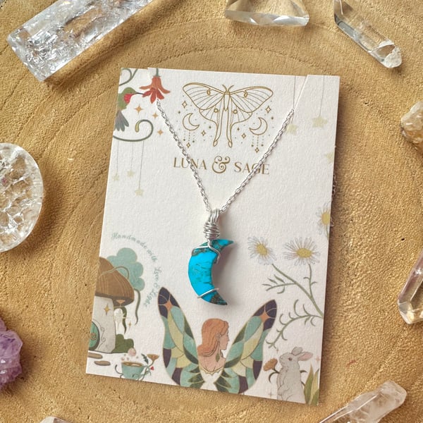 Turquoise Moon Crystal Necklace,Sterling Silver, Turquoise Copper,Moon lover
