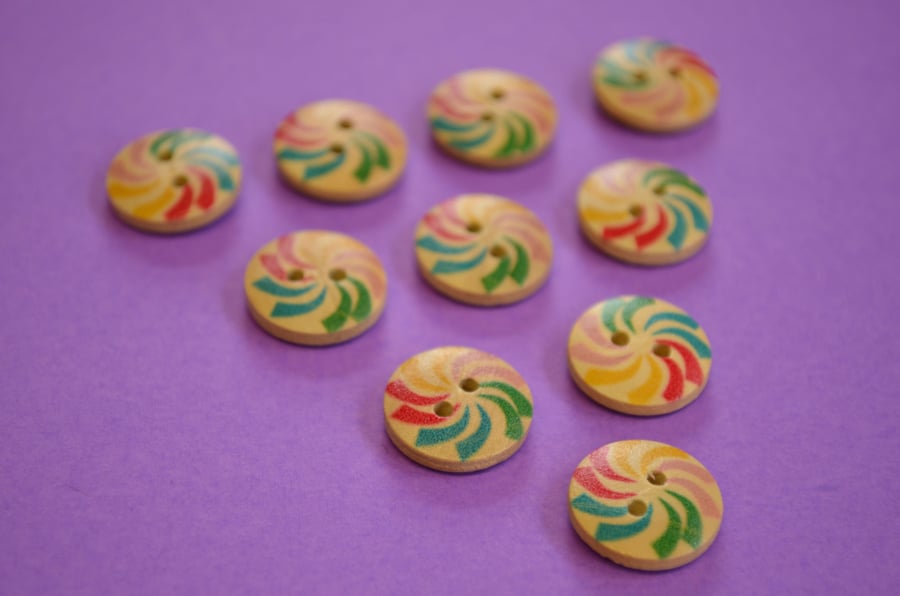 15mm Wooden Rainbow Swirl Buttons Natural Wood 10pk Flowers (SNF7)