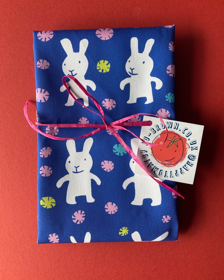 Happy Bunnies Rabbits fun tea towel -cute housewarming or Christmas gift