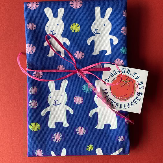 Happy Bunnies Rabbits fun tea towel -cute housewarming or Christmas gift