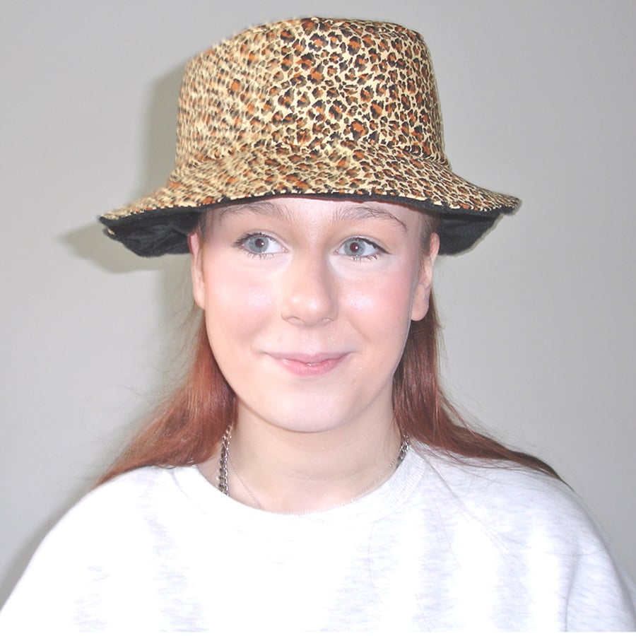 Leopard Print Hat Black Fluffy Faux Fur Reversible