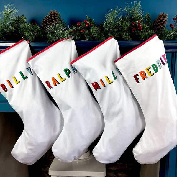 Large Personalised Christmas Stocking- Whole name in 'Bingley Bang' rainbow type