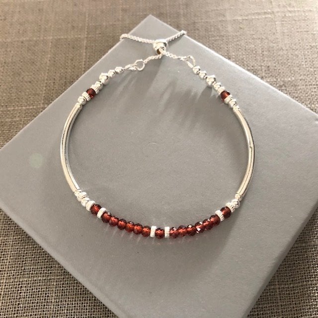 Red Garnet Gemstone Sterling Silver Noodle Bracelet Slider Clasp Bracelet