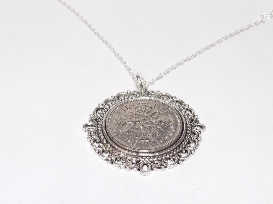 Fancy Pendant 1960 Lucky sixpence 61st Birthday plus a Sterling Silver 18in Chai
