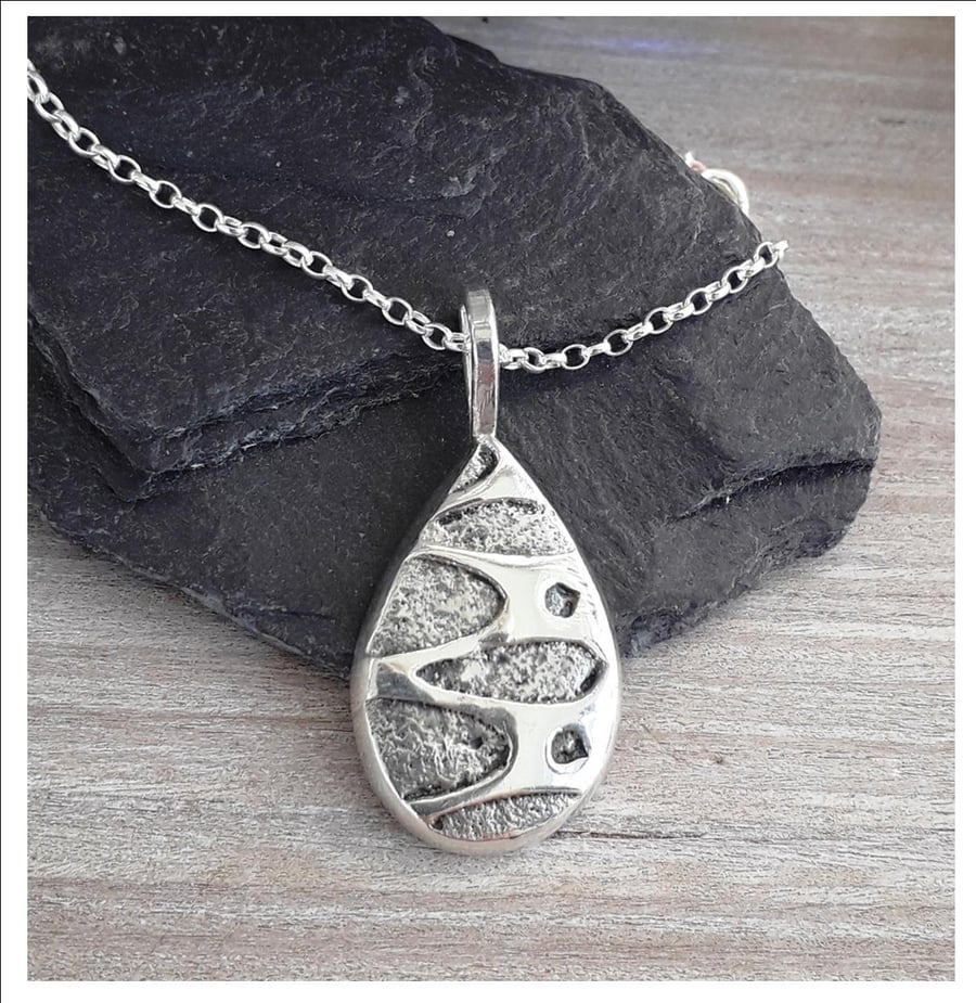 Textural Silver Pendant Teardrop Decorative Sterling Silver Necklace