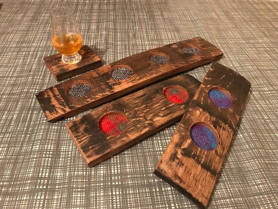Whisky Flight Board made from a Whisky Barrel Stave with Harris Tweed inserts.