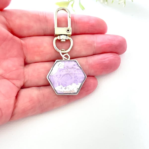  Lilac Hexagon Keyring Textured Polymer Clay, Silver Leaf, Stainless Steel