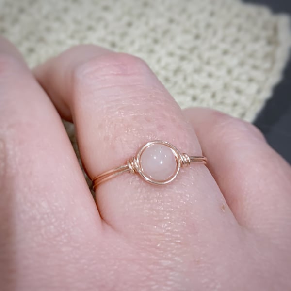 Rose quartz gemstone ring in rose gold coloured wire