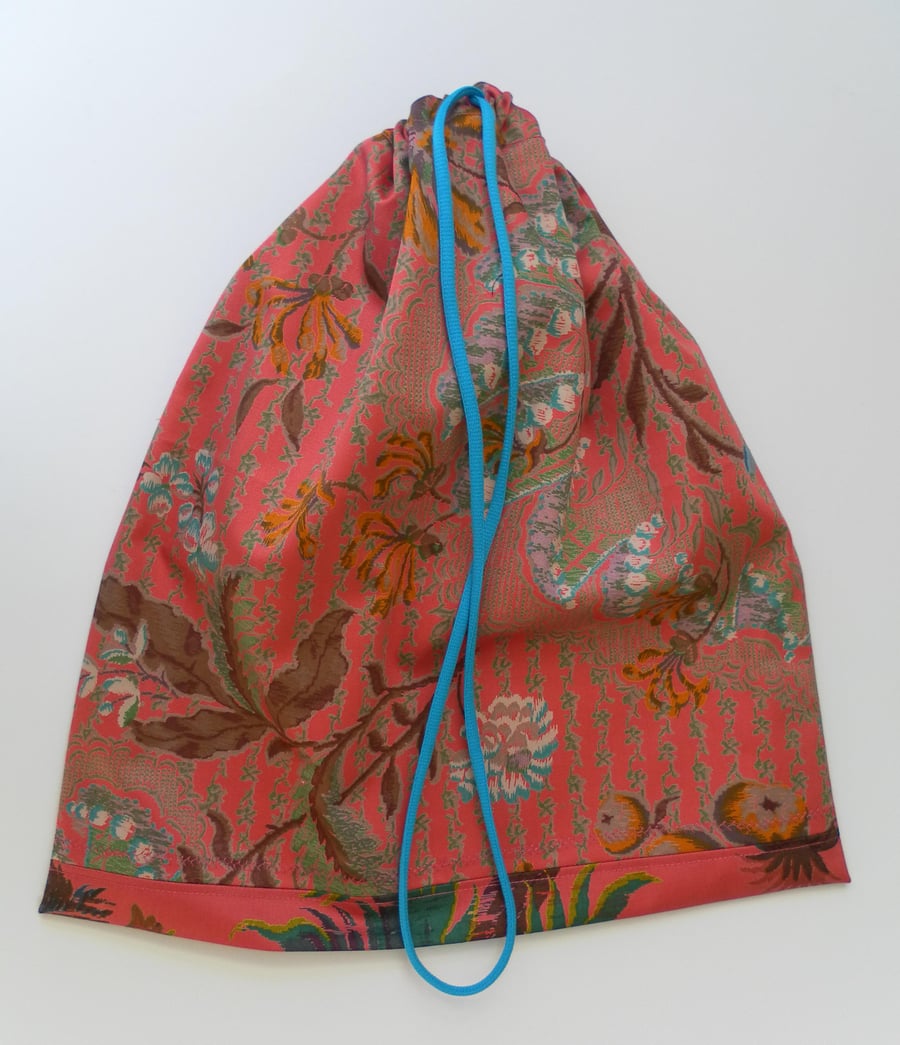Large Drawstring Bag, Knitting, Crochet Bag, Shoe Bag, Linen Bag,Pink Floral 