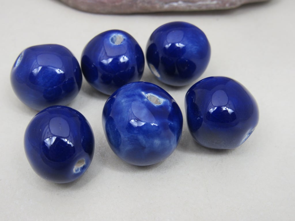 6 Medium Cobalt Blue Glazed Clay Beads