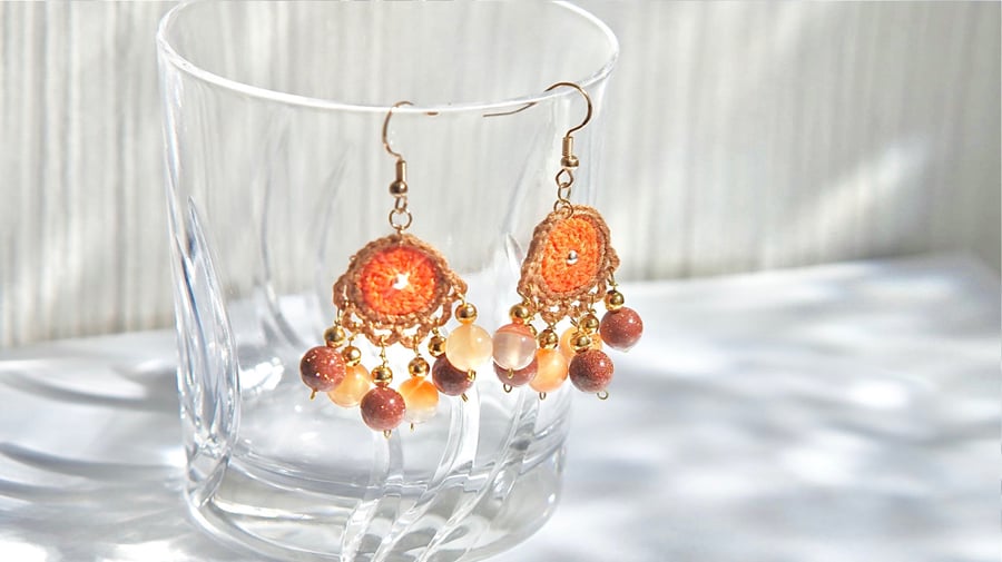 Red Carnelian, Golden Sandstone Crochet Earrings 
