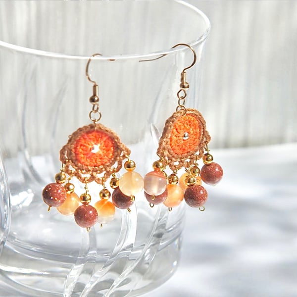 Red Carnelian, Golden Sandstone Crochet Earrings 