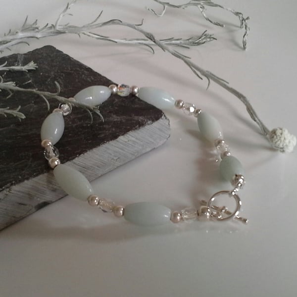 Amazonite & Faceted Crystal Glass Silver Plated Bracelet 16.5 cms HELP A CHARITY