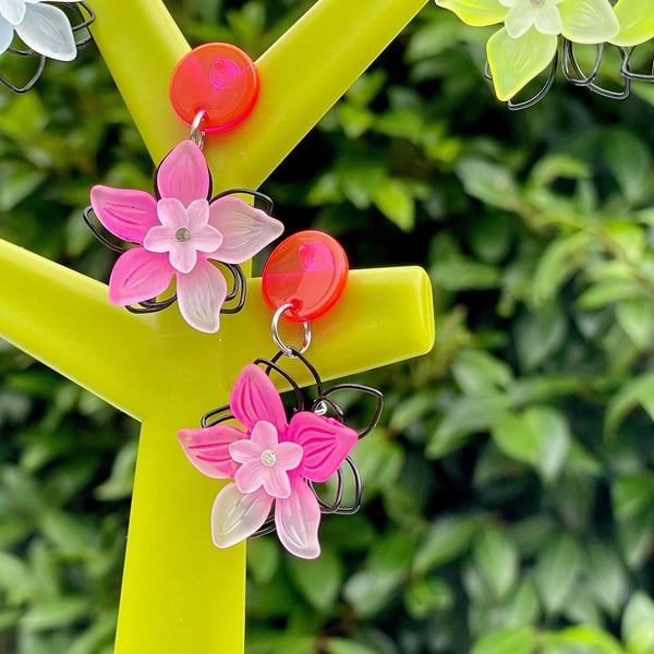 FLORAL NEON WIRE WRAPPED EARRINGS several colours lucite