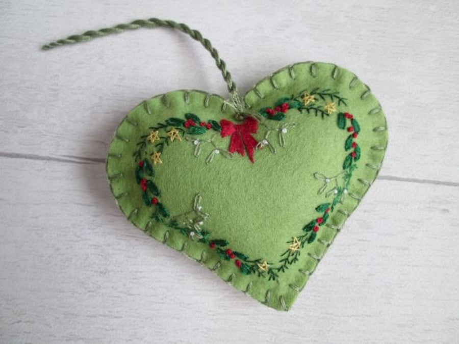 Hand Embroidered Festive Foliage Wreath on Green Felt Heart