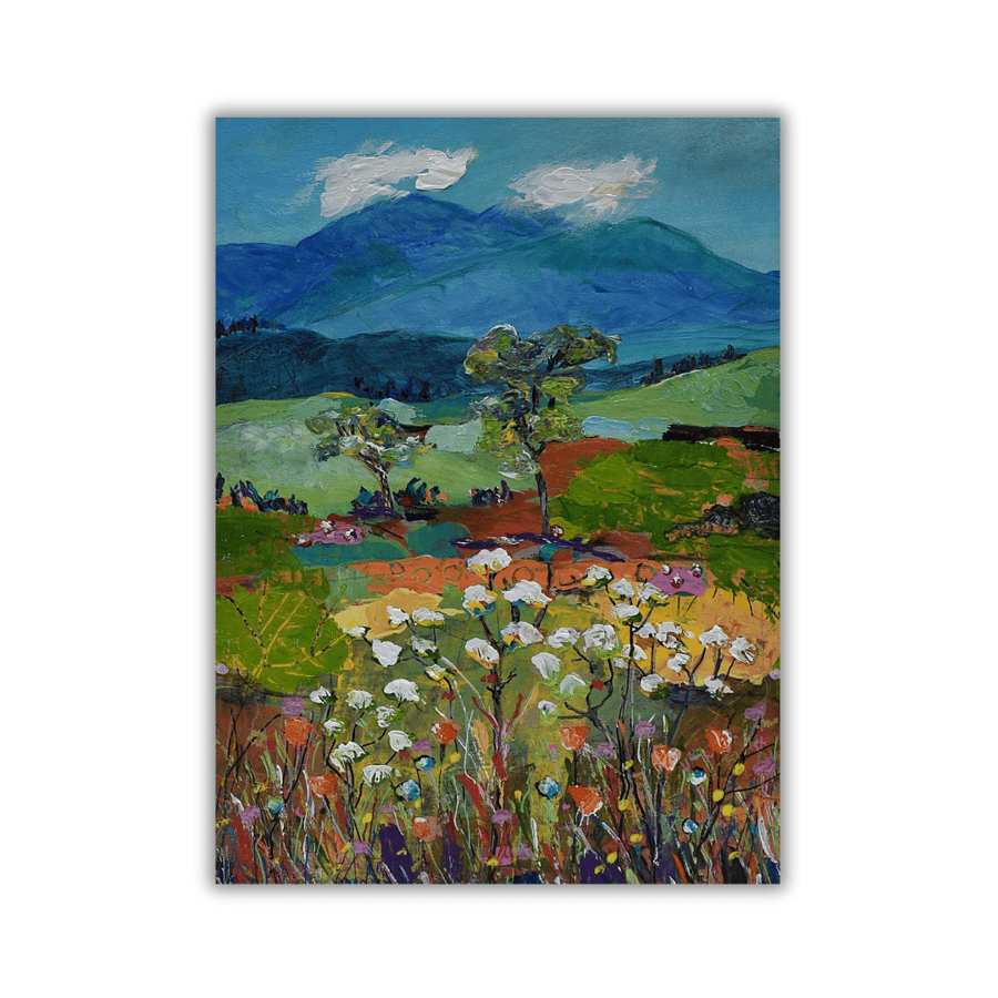 An original acrylic painting - mounted - Scottish landscape - wildflowers