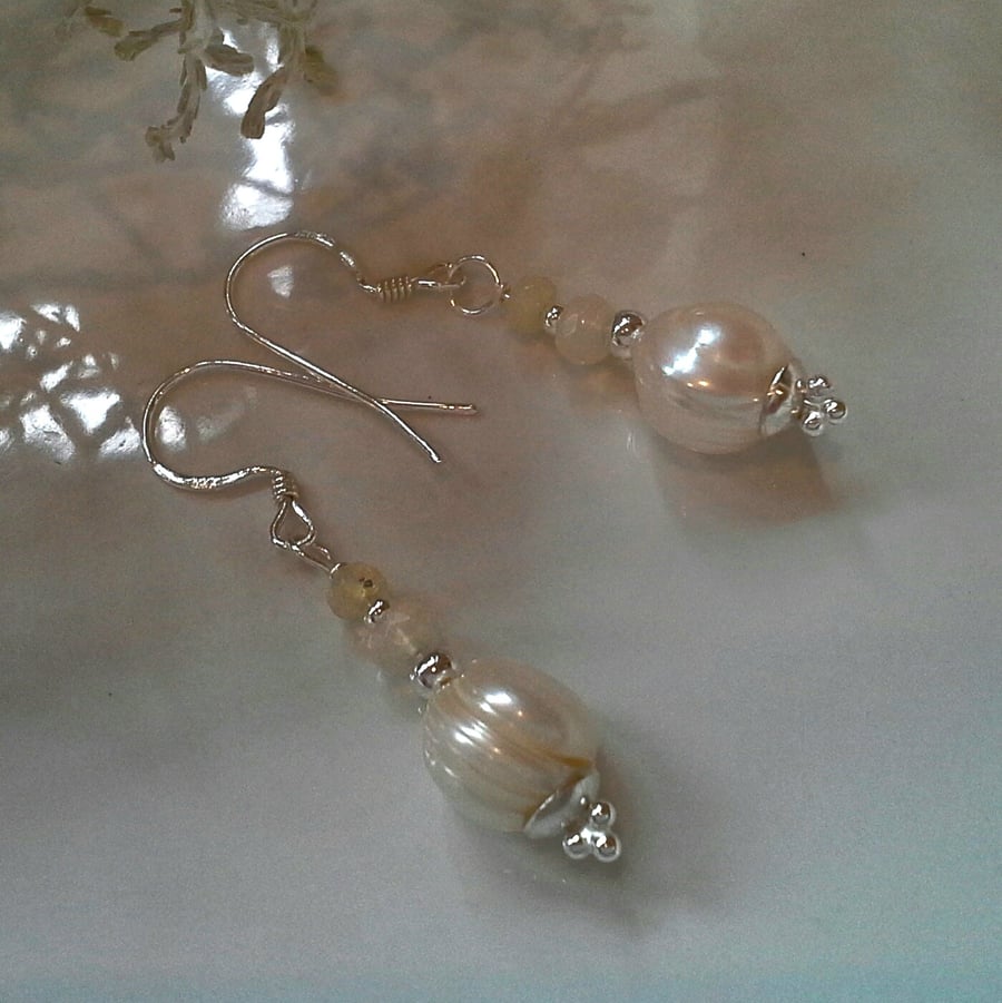 10mm Ivory White Freshwater Pearl & Ethopian Opal Sterling Silver Earrings