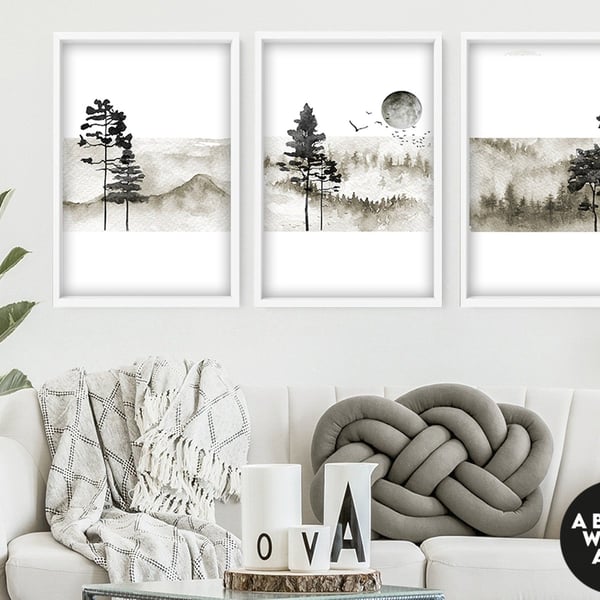 Calming Watercolor Painting Print, Set of 3 Minimalist Wall Prints, Zen Wall Art