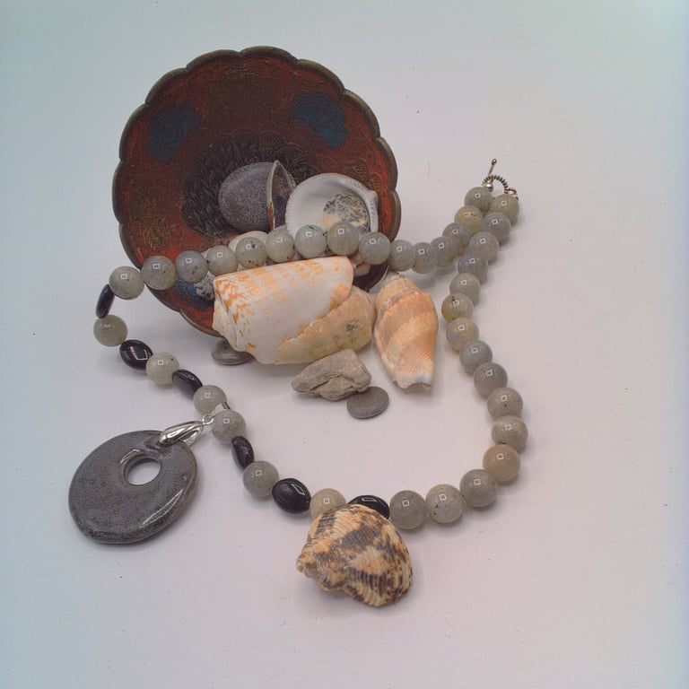 Charcoal Grey Agate Donut Pendant on an Agate Bead Necklace, Gift for Her