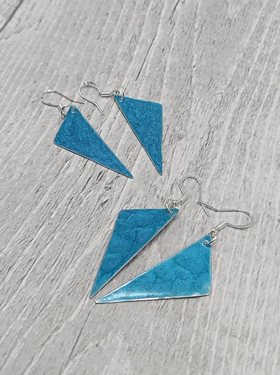 Aluminium Geometric Triangular Drop Earrings - Blue Metal Paint - 925 Ear wires