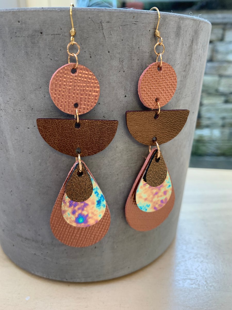 Handmade leather metallic dangly earrings free gift wrap