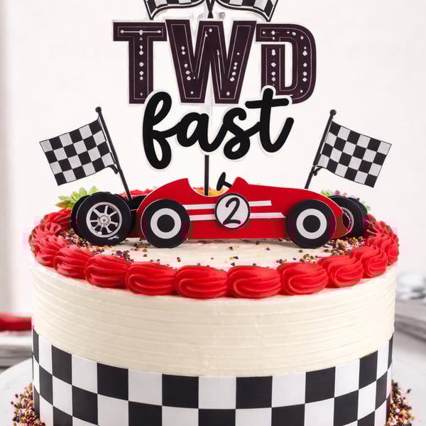 Two Fast Car Themed Personalised Birthday Cake Topper. Car Themed Cake Topper