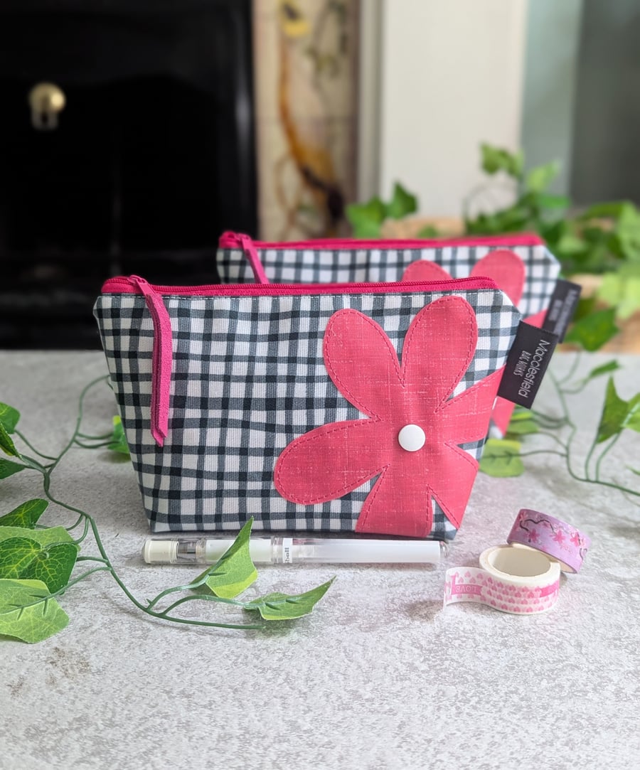 Gingham and Pink Flower Oilcloth Small Makeup Bag or Pencil Case