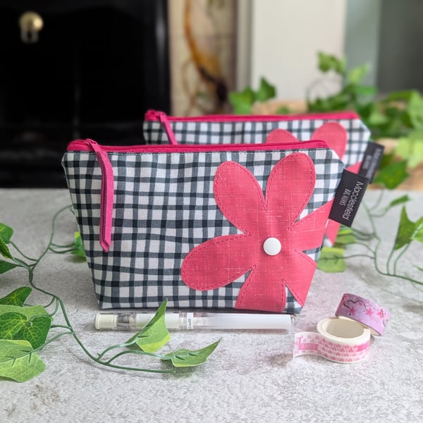 Gingham and Pink Flower Oilcloth Small Makeup Bag or Pencil Case