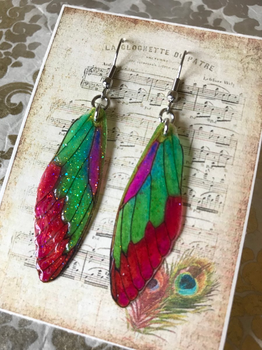 Pink Green Orange and Purple Fairy Wing Surgical Steel Earrings