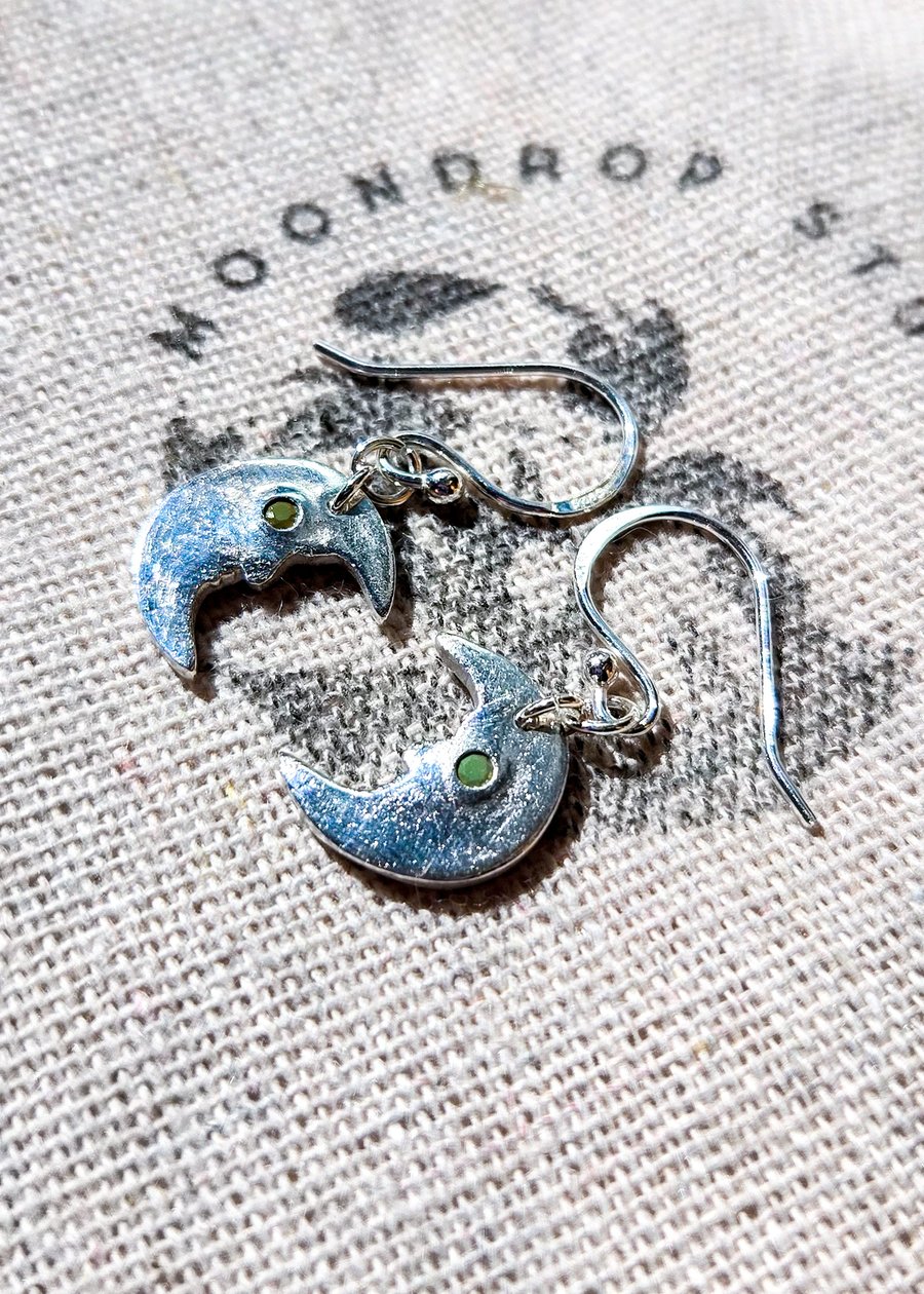 Mini Crescent Moon Earrings with Turquoise - Recycled Silver, Celestial Earrings