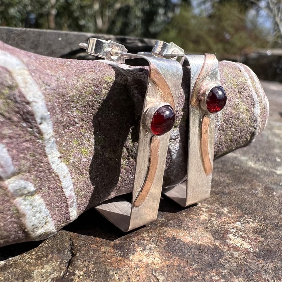 Rectangular silver stud hoops with gold and garnets
