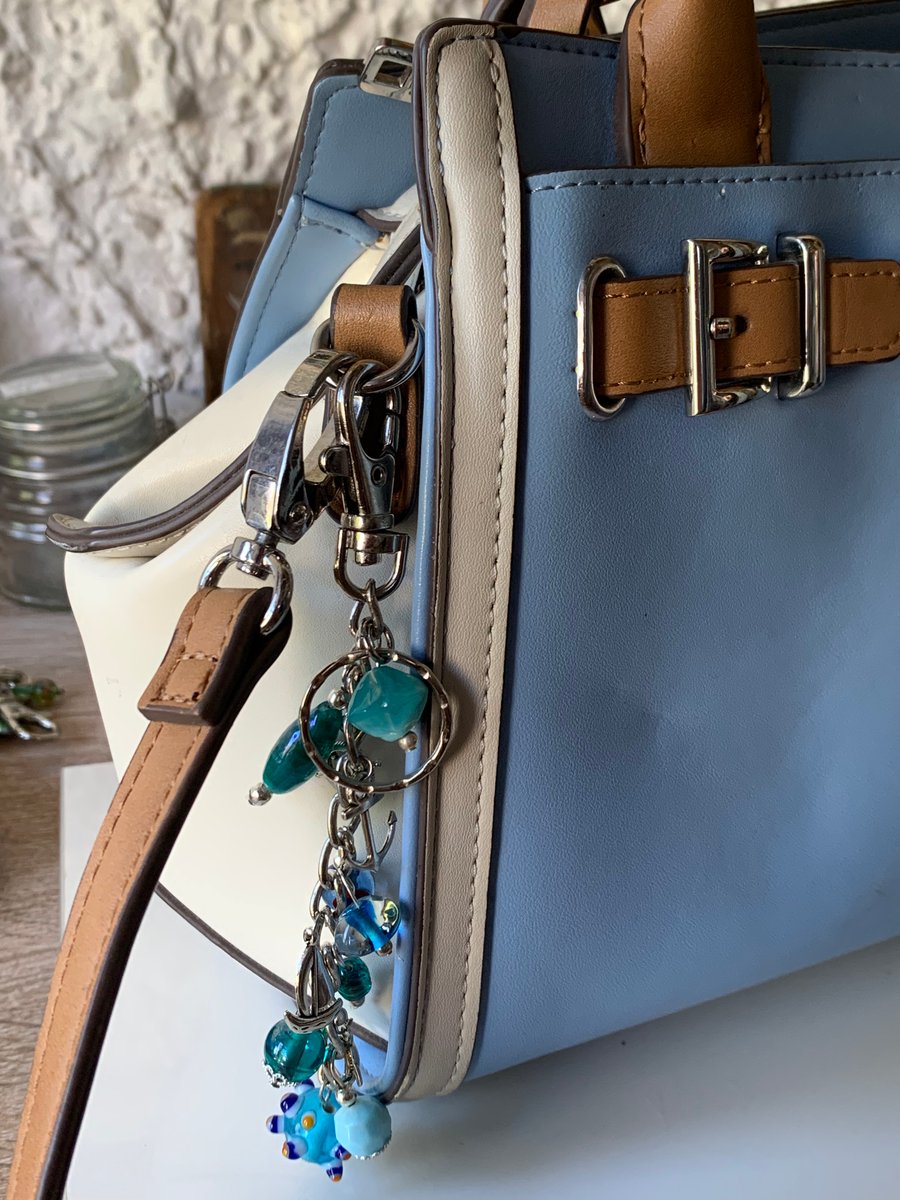 Handmade Handbag charm letting with blue glass beads with a nautical theme 