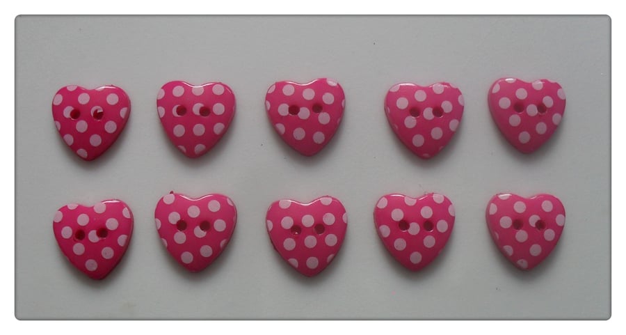 30 x 2-Hole Resin Buttons - Polka Dot - Heart - 15mm - Bright Pink