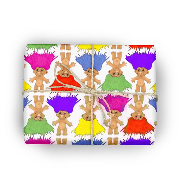 Troll toy wrapping paper with long haired 1970s toy