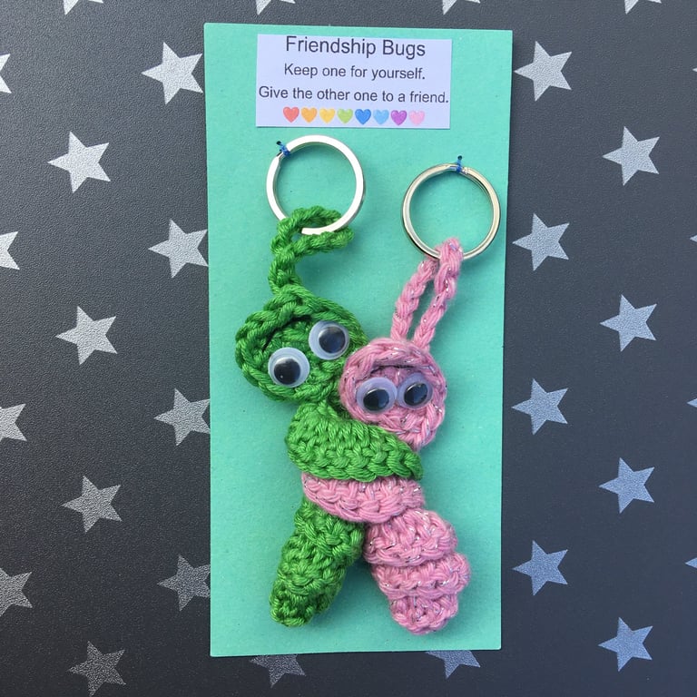 Crochet Love Bug Keyring, Green And Sparkly Pink