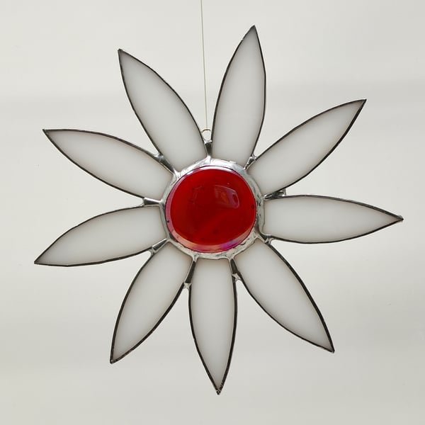 Stained glass flower, white and iridescent red copperfoil suncatcher
