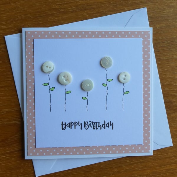 Birthday Card - Button Flowers - Peach