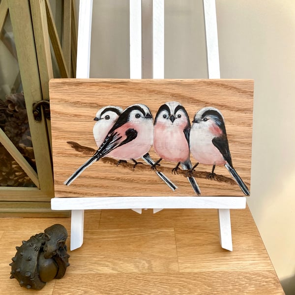 Long-tailed tits acrylic painting on oak