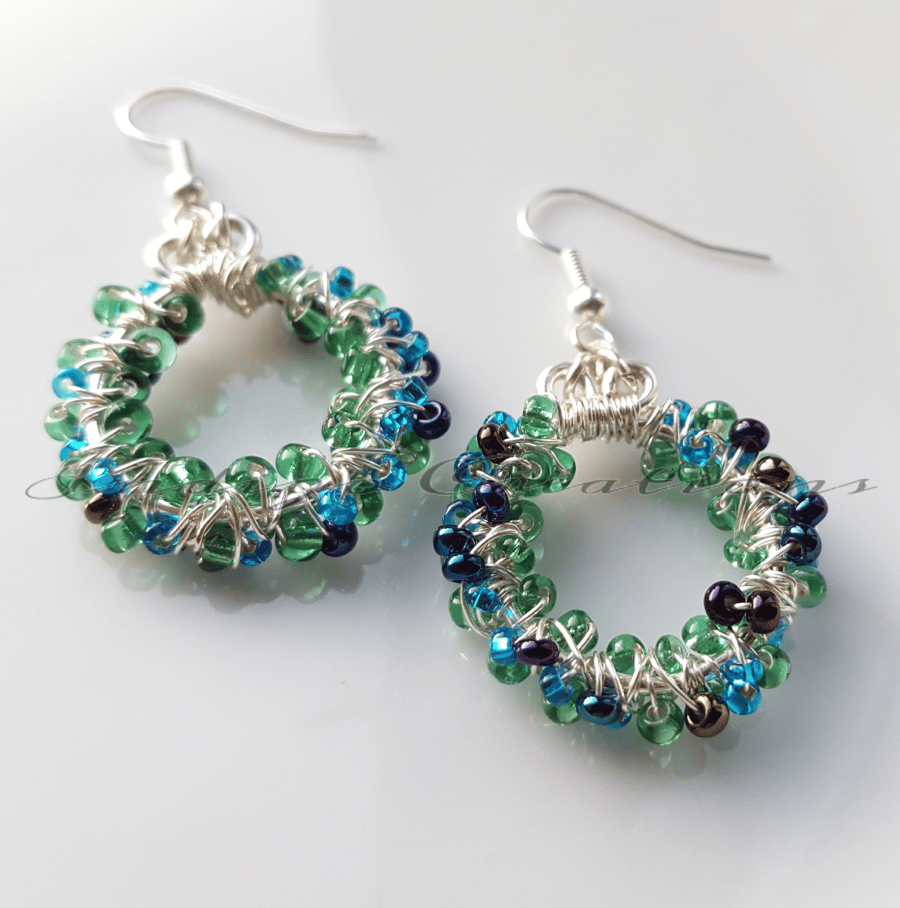 Earrings Green And Blue Seed Bead Wire Wrapped Hoop Earrings