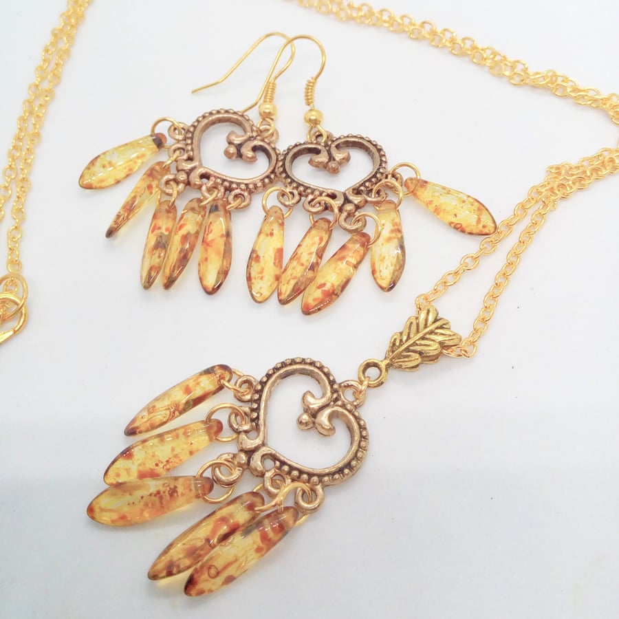 Gold Plated Heart Chandelier Necklace and Earrings Set with Topaz Picasso Drops