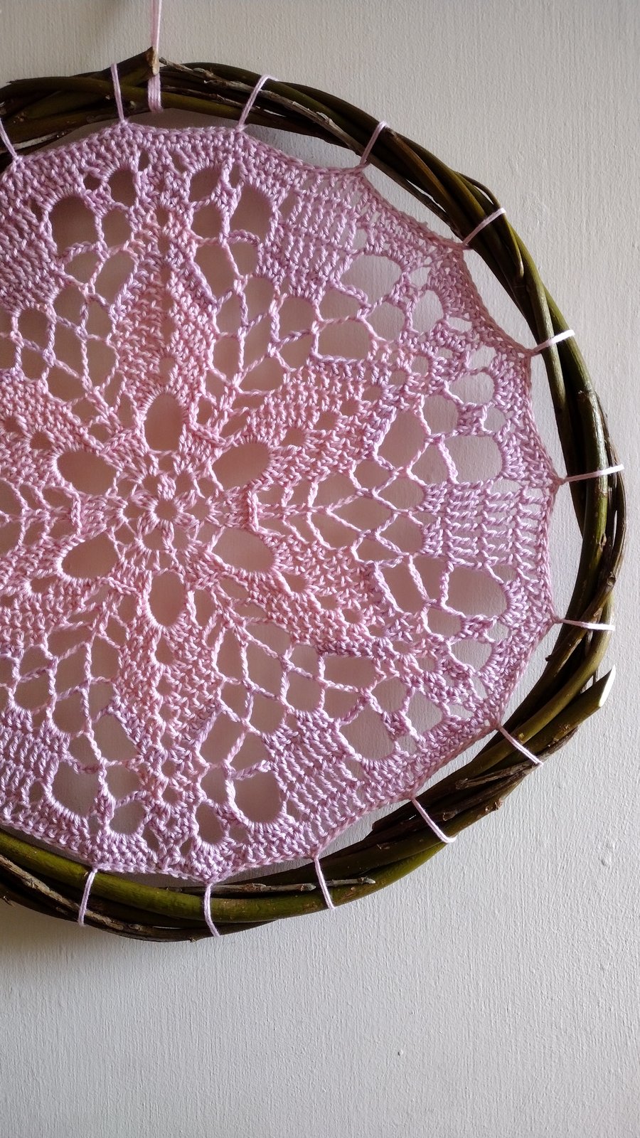 Pink mandala in willow hoop