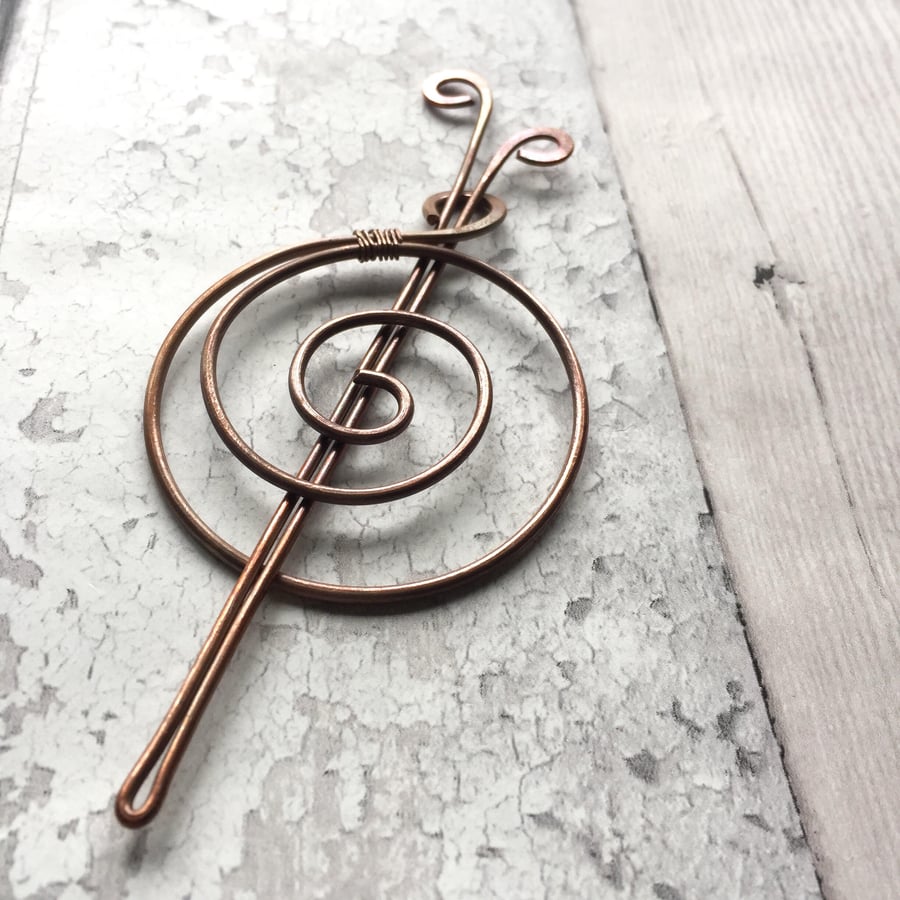 Copper shawl pin spiral