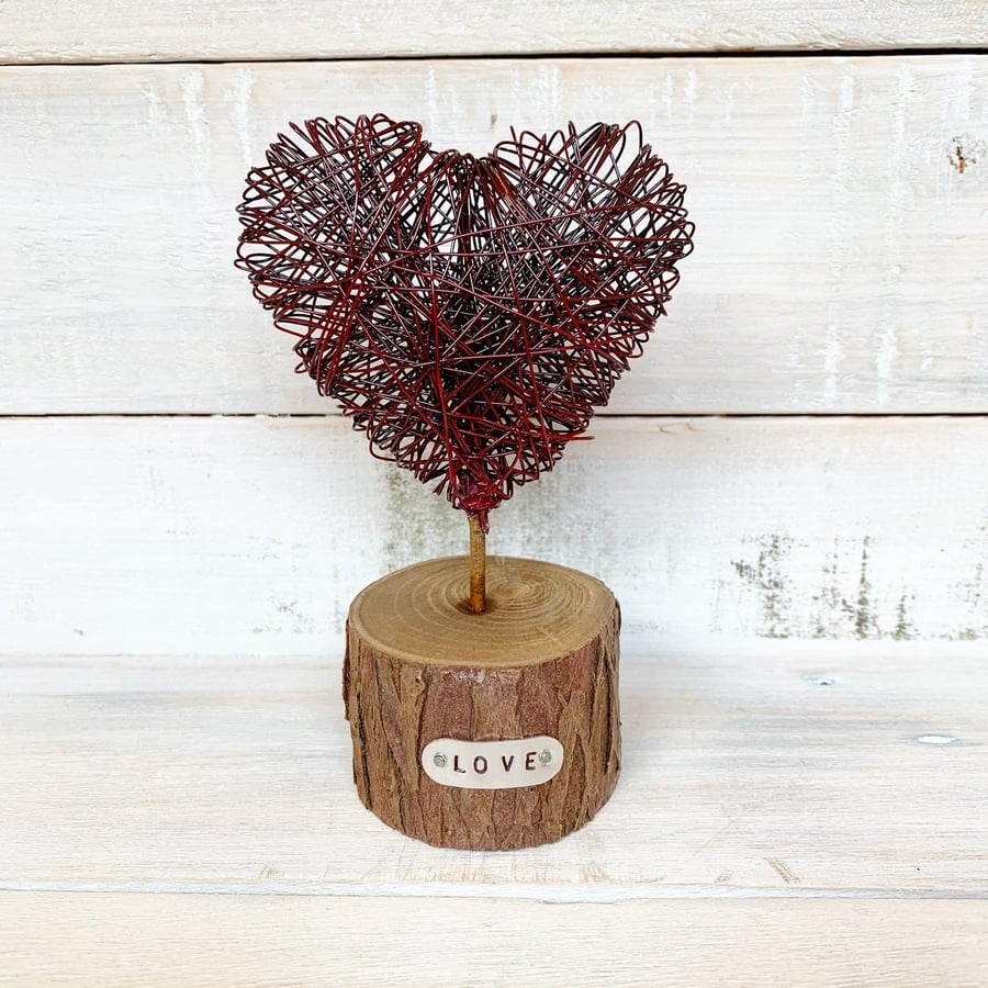Wire Heart on Wood Slice Valentines Love Gift