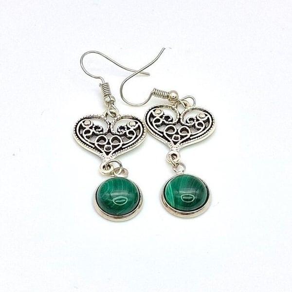Malachite Gemstone And Heart Dangle Earrings