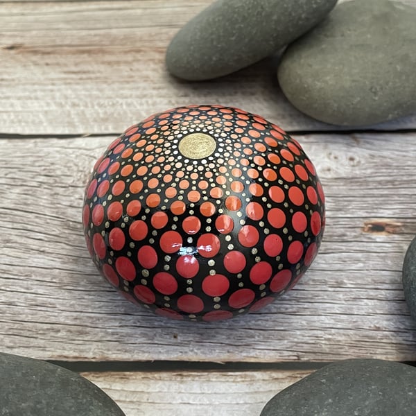 Red Mandala Painted Rock Art Stone Acrylic Art Painting Hand Painted Unique P1